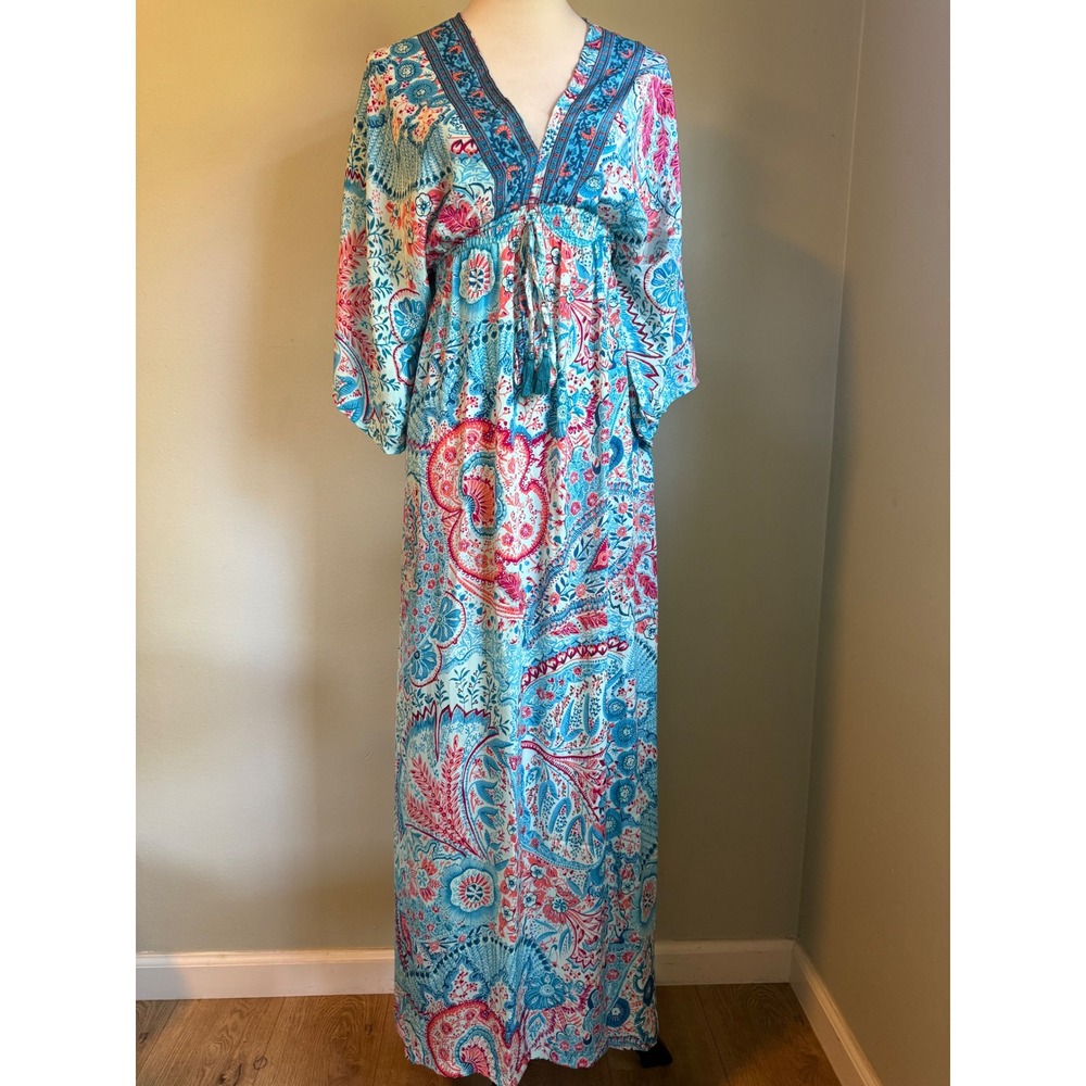White Waves Blue Pink Paisley Floral Maxi Dress Boho Open Back Tassel L/XL